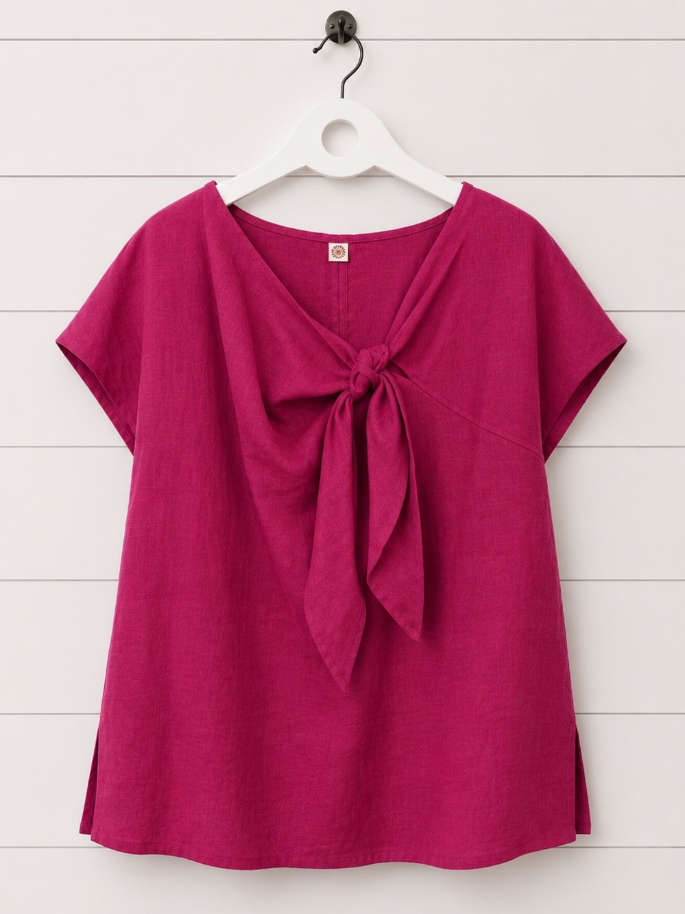 Raspberry Linen Tie-Front Short Sleeve Top